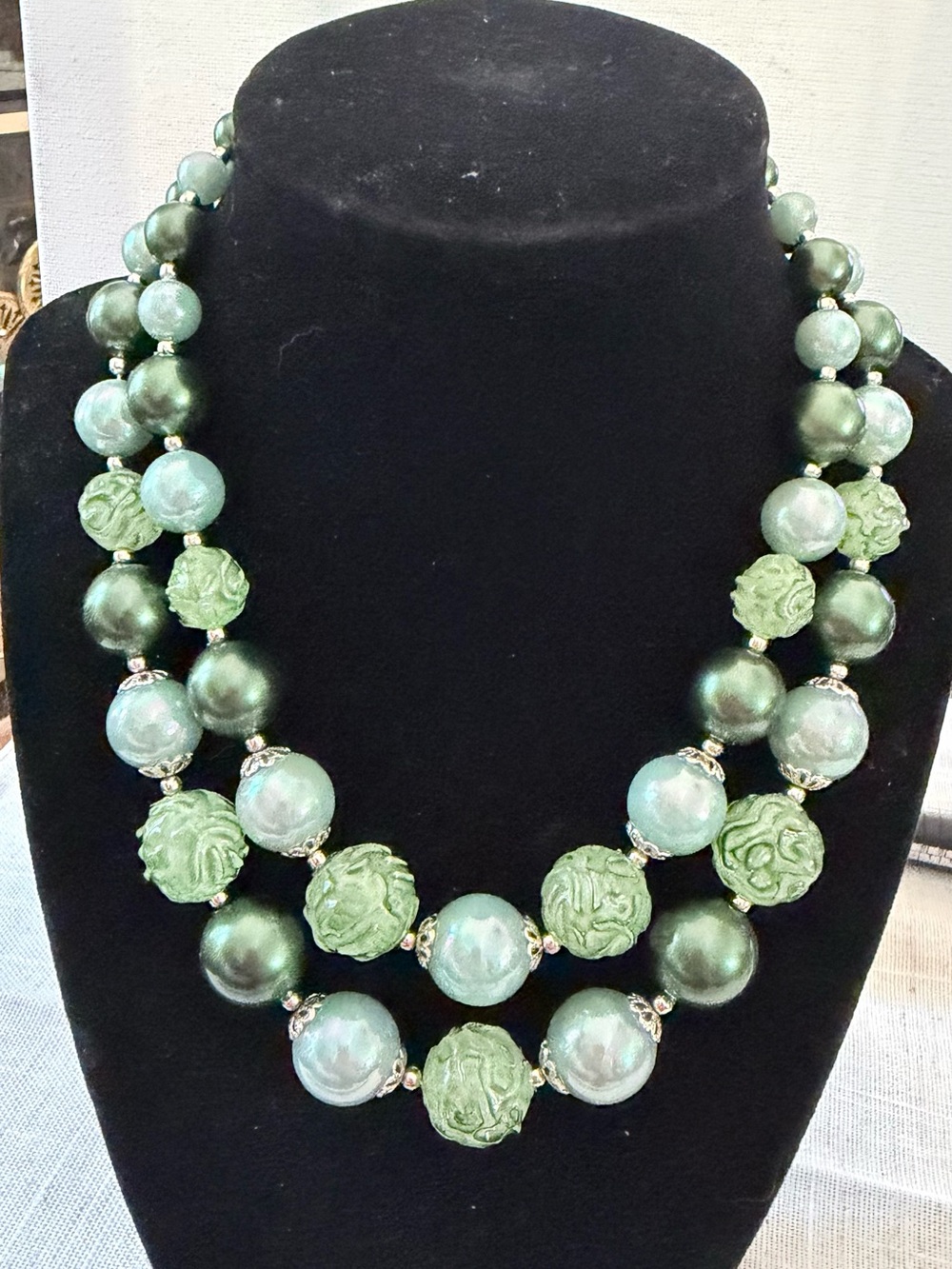Vintage Mid-Century Double Strand Green Pearl & Carved Sugar Bead Necklace